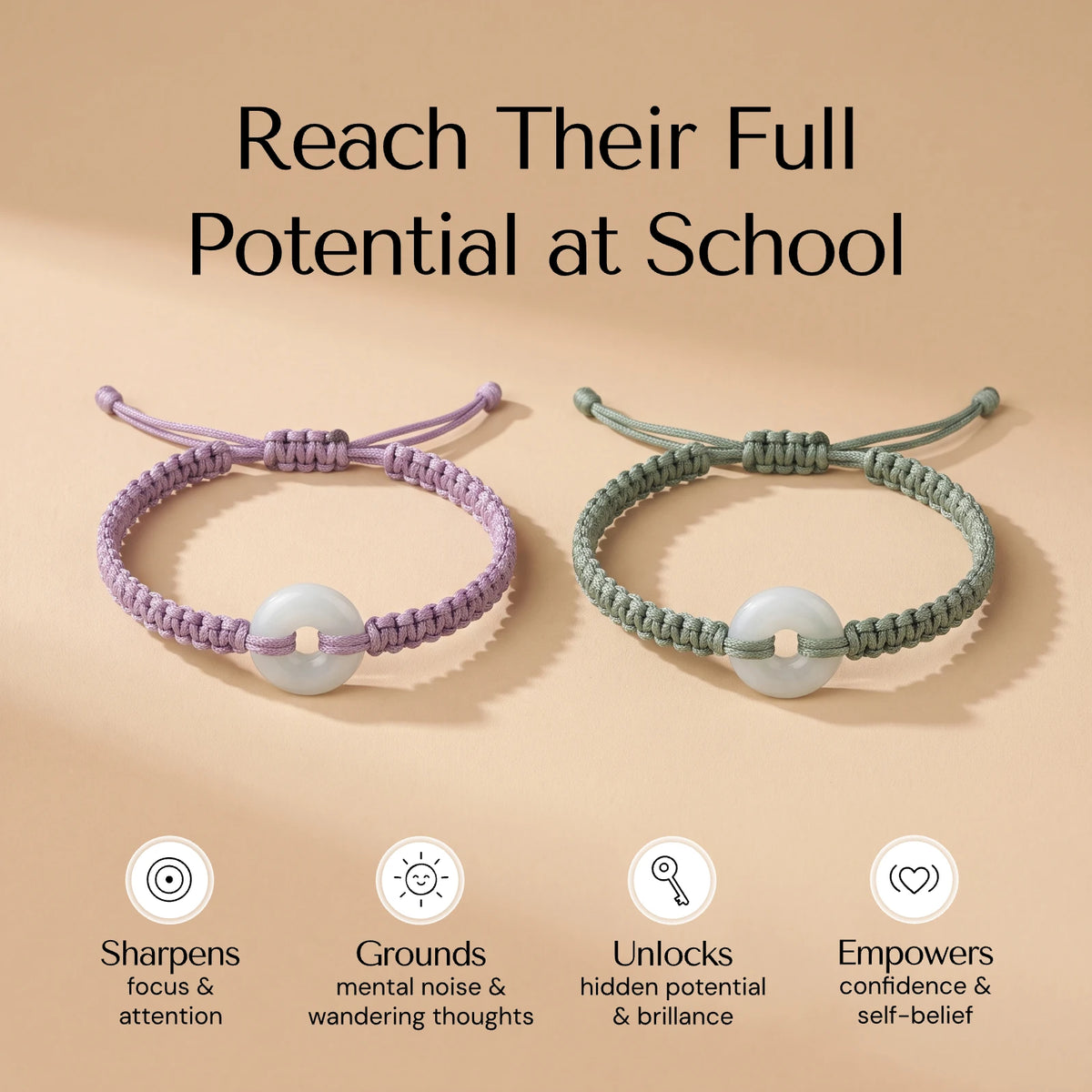 Jadéa bracelets in Soft Lavender and Calm Green with four benefits