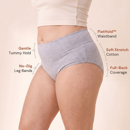 Jadea high-waisted cotton brief features: FlatHold waistband, gentle tummy hold, soft stretch cotton, no-dig leg bands, full-back coverage