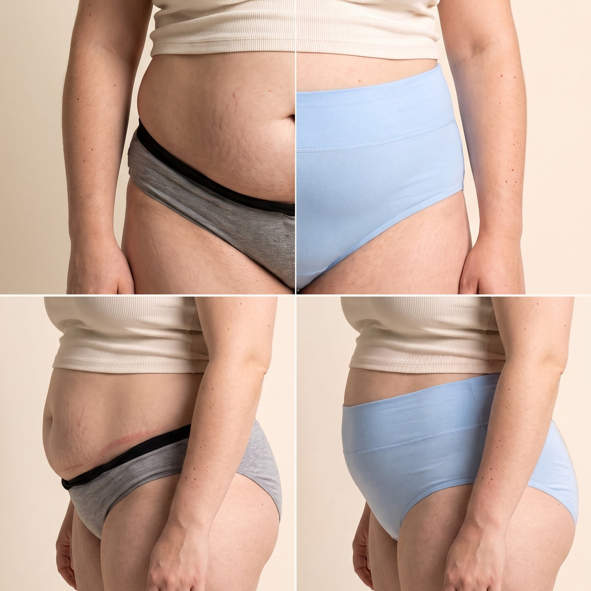 Same woman, front and side view: a thin waistband rolling under her belly in grey drugstore briefs, then the wide Jadea waistband lying flat over the belly in blue