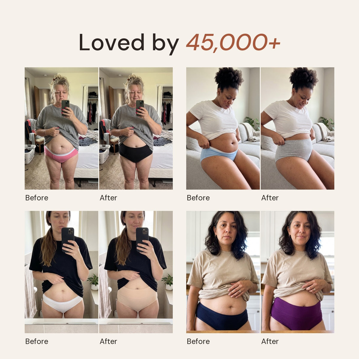 Four women, before and after: thin waistbands rolling under the belly, then Jadea high-waisted cotton briefs lying flat