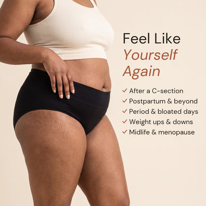 Feel like yourself again: woman in black Jadea high-waisted brief. After a C-section, postpartum and beyond, period and bloated days, weight ups and downs, midlife and menopause