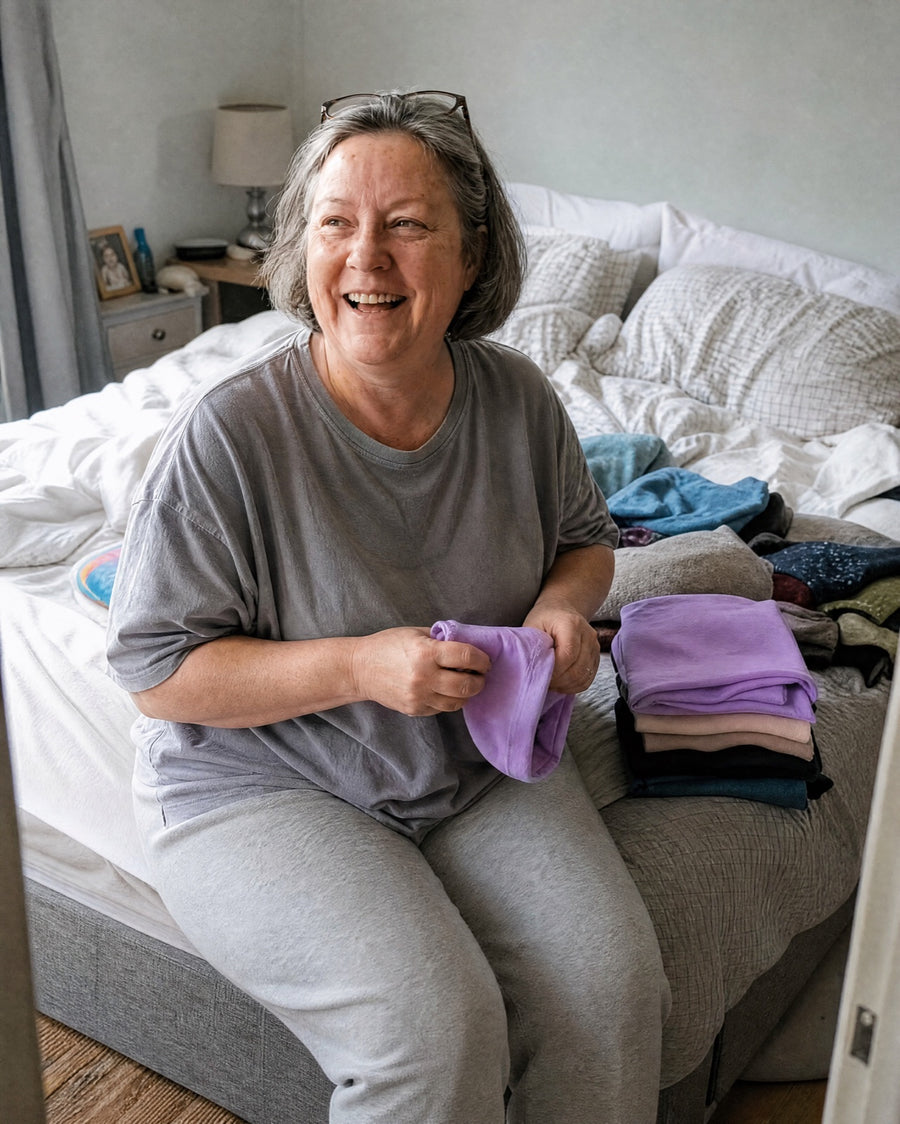 Woman laughing while folding her Jadea briefs on the bed