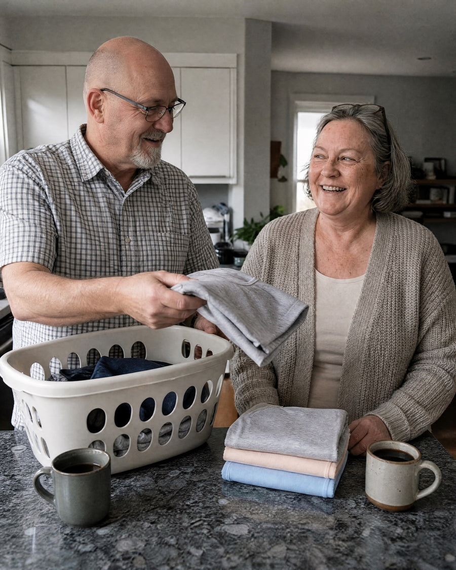 Husband adding a folded Jadea brief to the pile in the kitchen while his wife laughs