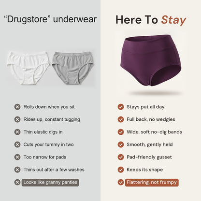 Drugstore underwear vs Jadea high-waisted cotton brief: stays put, full back, wide soft no-dig bands, smooth gently held, pad-friendly, keeps its shape, flattering
